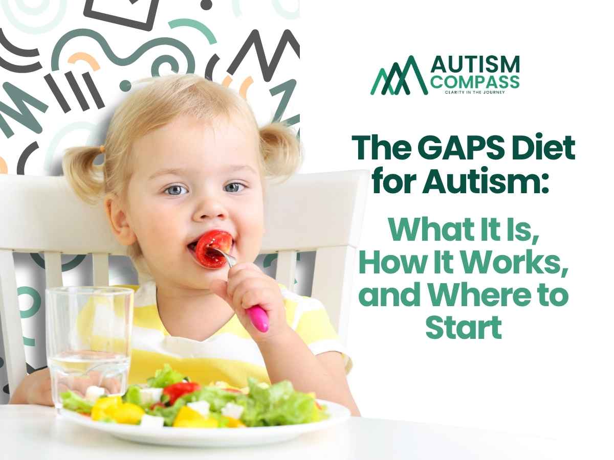 Young girl with blonde pigtails eating a cherry tomato from a fork while sitting in front of a colorful salad and glass of water. The Autism Compass logo appears beside the headline, “The GAPS Diet for Autism: What It Is, How It Works, and Where to Start.” The image introduces an overview of the GAPS diet, its dietary approach, and considerations for families exploring nutrition and autism.